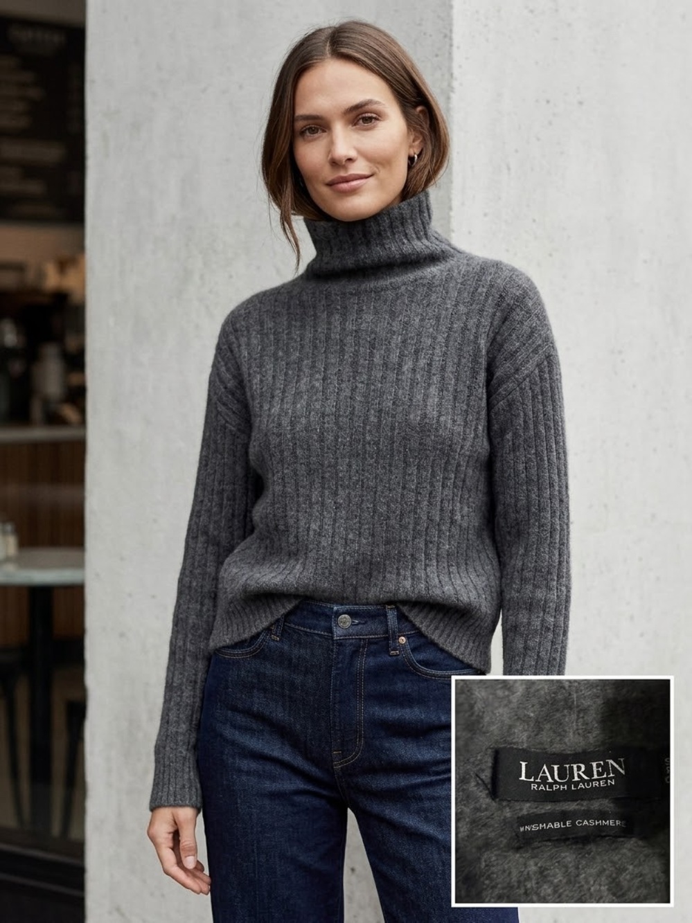 Ralph Lauren 100% Washable Cashmere Ribbed Mock Neck Sweater Gray Small